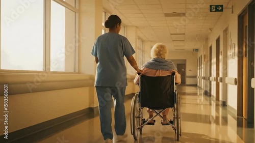 Nurse assisting senior patient in wheelchair at hospital