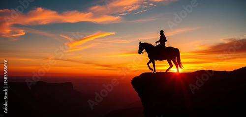Silhouetted horse and rider on cliff edge, fiery sunset, golden hour, desert