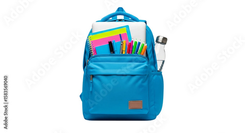 Illustration of a blue backpack filled with school supplies isolated on transparent background