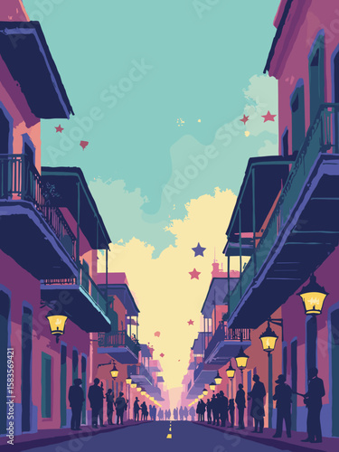 New Orleans, Louisiana – French Quarter balconies, jazz musicians, Mardi Gras masks, vibrant festive palette