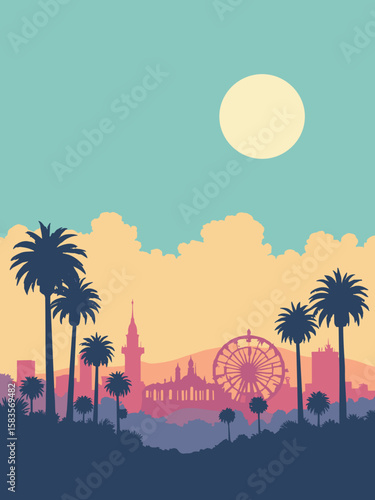 Anaheim, California – amusement park silhouettes, palm trees, and SoCal skyline in playful pop-art palette