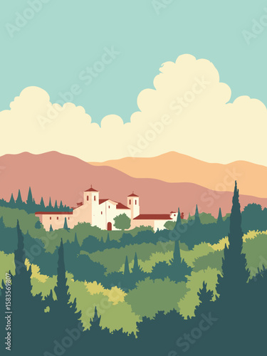Riverside, California – citrus groves, Mission-style architecture, and distant mountains in soft sunlight tones