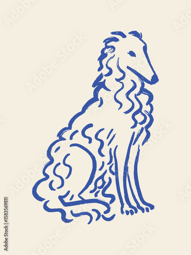 Borzoi dog sitting abstract naive line vector illustration
