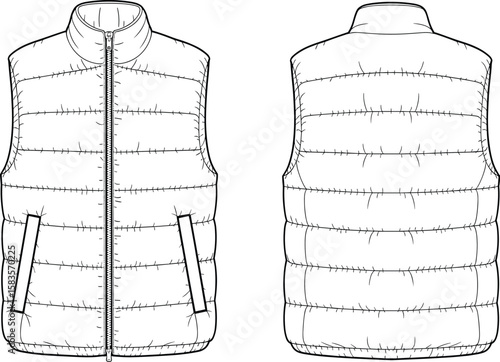 Cad drawing flat vector illustration of puffer vest, fashion apparel sketch front and back view, garment design, outerwear template