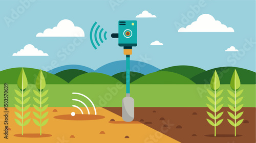 An AIpowered moisture probe being inserted into the soil providing realtime data on moisture levels to help farmers make informed irrigation decisions.. Vector illustration