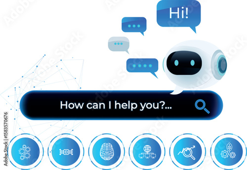 Futuristic AI virtual assistant for customer service, chatbot technology, says Hi and includes options buttons. Futuristic smart search automation, AI chatbot, digital business support, futuristic AI.