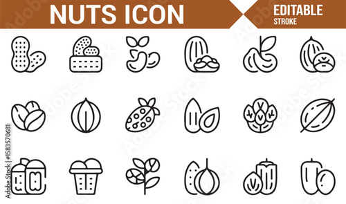 Icon Set for Various Nuts, Seeds, and Healthy Snack Foods in Clean Line Art Style
