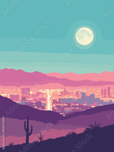 North Las Vegas, Nevada – desert suburban sprawl with distant Strip glow, sand and neon hues