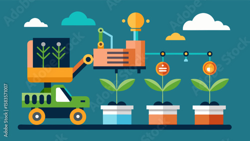 Automated machinery powered by AI algorithms can accurately plant seeds and apply fertilizer at optimal depths and rates.. Vector illustration