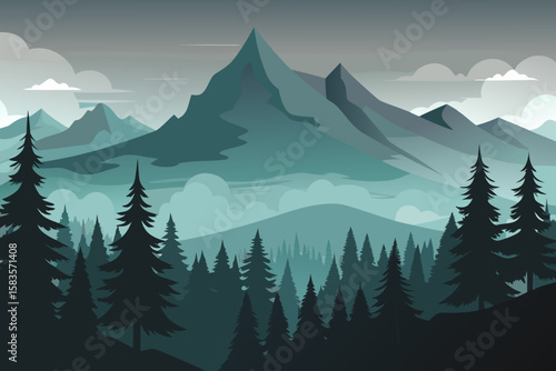 Serene Mountain Landscape with Pine Forest and Cloudy Sky a Vector Illustration with a Calming and Peaceful Atmosphere in Shades of Blue and Green