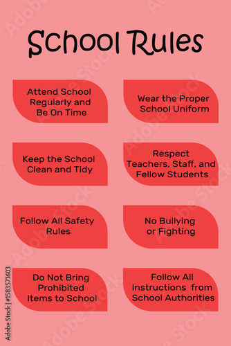 Illustrated school rules poster emphasizing discipline, punctuality, safety, and respectful behavior for students.