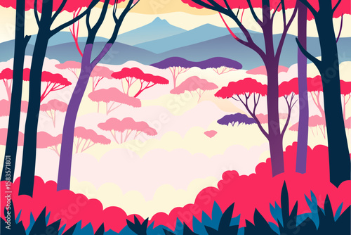 Stylized Forest Landscape with Pink Trees and Blue Mountains featuring a vibrant color palette and a whimsical dreamlike quality perfect for backgrounds and illustrations