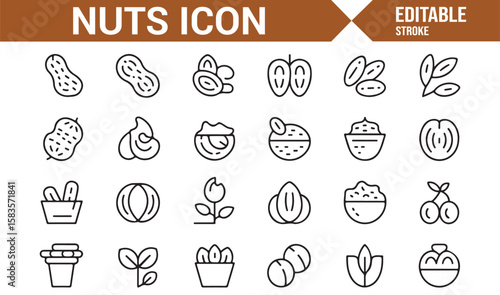 Simple Nut Icons Set for Healthy Snacks, Foods, and Plant-based Diet