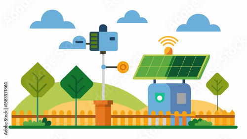 An automated farm fence equipped with solar panels for powering the sensors and alarms making it ecofriendly and sustainable.. Vector illustration