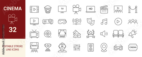 Cinema Line Editable Icons Set. Movie, Camera, Popcorn, Ticket, Screen, Award, 3D Glasses, and More. Vector Illustration.