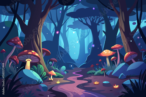 Enchanted Forest Illustration with Glowing Mushrooms and a Winding Path Featuring a Dark Blue Color Palette and a Dreamy Magical Atmosphere for Fantasy Art Projects