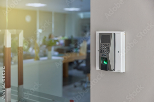 Photography Fingerprint Scanner machine, Facial recognition and Key Card, Security Concept