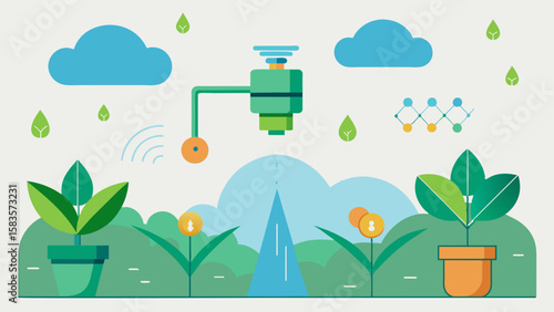 An AIenabled sprinkler system using soil moisture data to adjust the direction and intensity of water spray reducing water waste and optimizing plant hydration.. Vector illustration