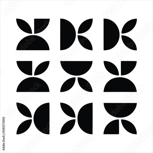 Minimalist geometric pattern composed of black shapes resembling stylized leaves or petals arranged in a grid