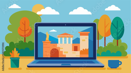 The laptops screen displays stunning photos of artifacts and artworks from the museum enticing visitors to explore further as they relax in the courtyard.. Vector illustration