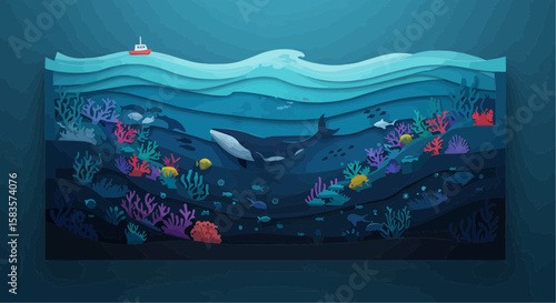 Oceanic ecosystem depicted with paper cut-out style, showcasing diverse marine life and layers of the sea.