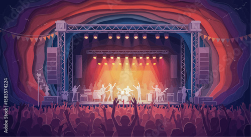 A vibrant music festival unfolds on a large stage, illuminated by bright lights, before a cheering crowd.