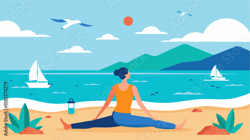 Overlooking the ocean the freelancer practices yoga on the beach as seagulls fly overhead and fishermen tend to their boats.. Vector illustration