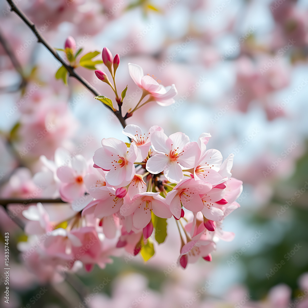 Fototapeta premium Pink cherry blossoms blooming on a tree in spring garden