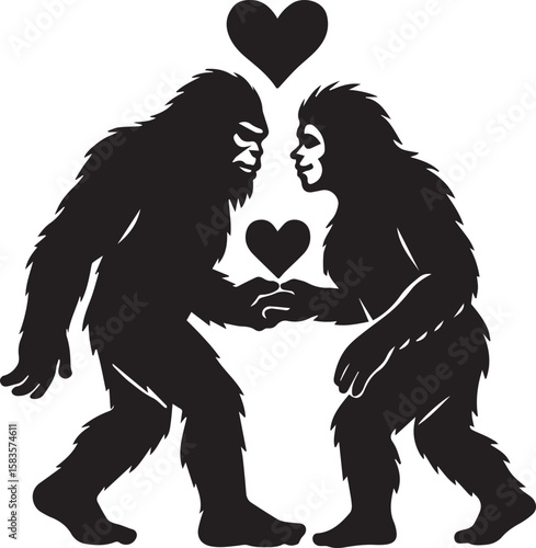Bigfoot Yeti Black & white silhouette who is sharing love with another female yeti