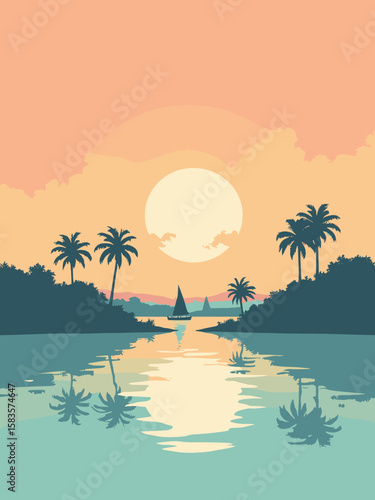 Grand Prairie, Texas – Joe Pool Lake sailboats at golden hour in teal water, palm green, and peach sky