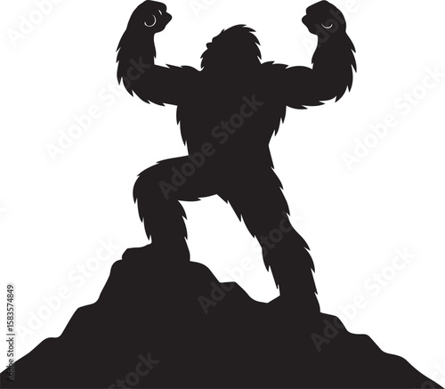 Bigfoot Yeti Black & white silhouette who is proving himself as a migthy animal in the world