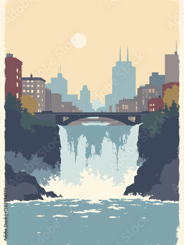 Rochester, New York – Genesee River roaring over High Falls in white rush, rock gray, and urban slate backdrop