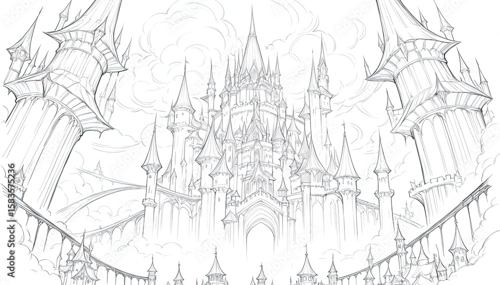 Obraz premium Detailed line drawing of a majestic fantasy castle complex.