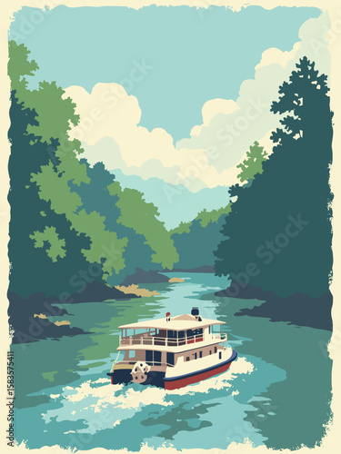 Columbus, Georgia – Chattahoochee River rapids framed by riverboat in moss green water, cream paddlewheel, and sky blue