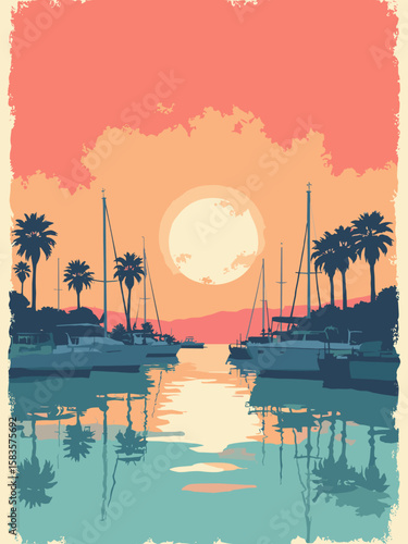 Oxnard, California – Channel Islands Harbor yachts at sunset in coral, seafoam, and palm green silhouette