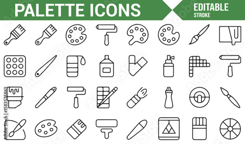 Clean Line Art Palette Icons Featuring Brushes, Rollers, and Art Supplies