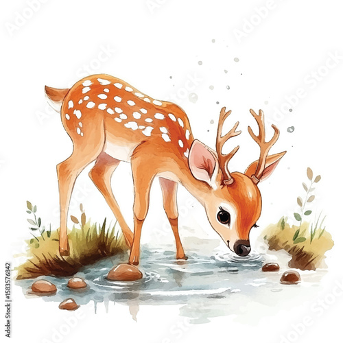 Watercolor Fawn Drinking from Stream with Small Antlers and Spotted Coat