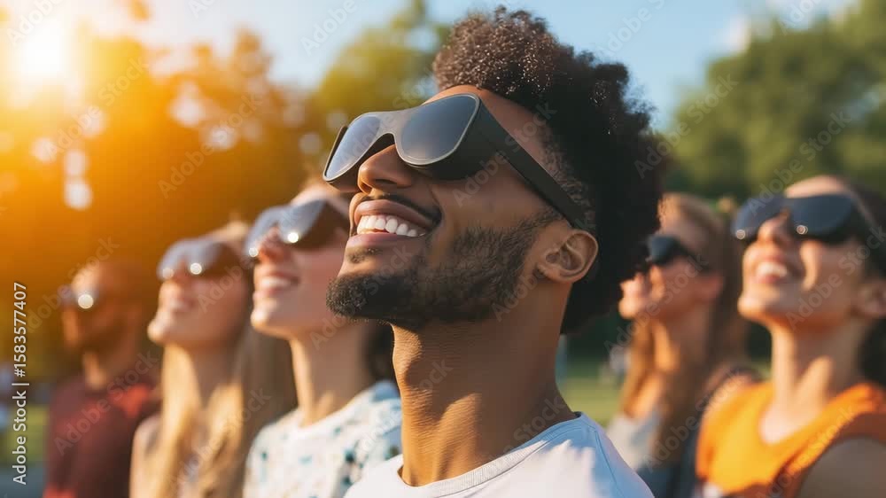 Group of diverse people wearing solar viewing glasses, watching a solar eclipse in a sunny park, looking up excitedly at the sky