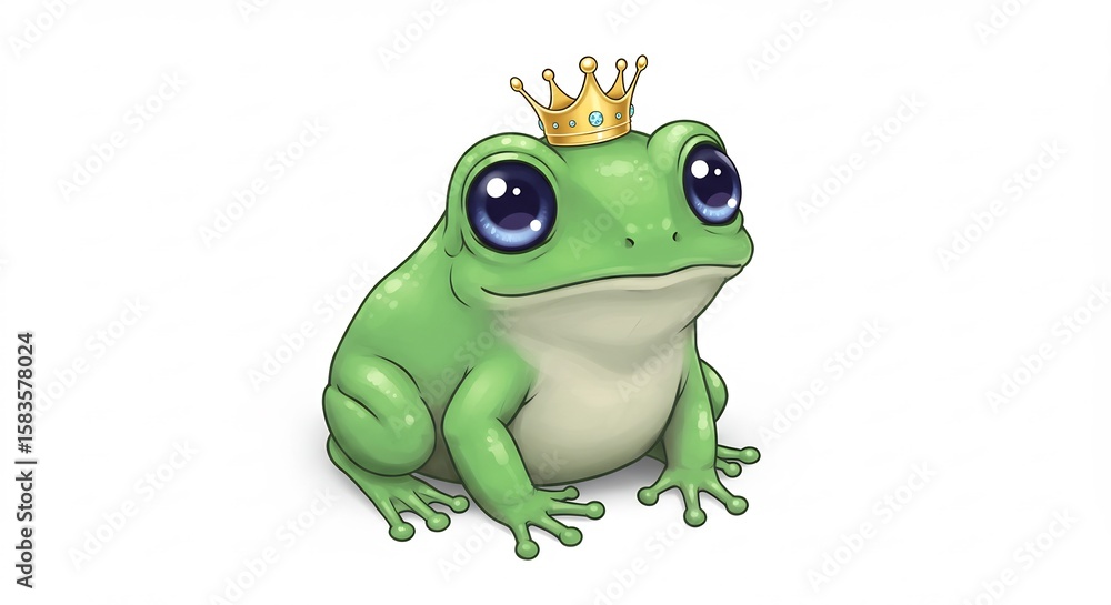 Obraz premium 愛らしいカエル王子様 輝く王冠 穏やかな光. AI Generated