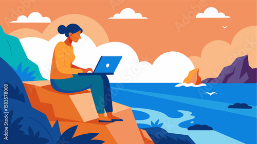 The crashing waves and gentle breeze serve as the soundtrack to a digital nomads workday on a picturesque cliff overlooking the sea.. Vector illustration