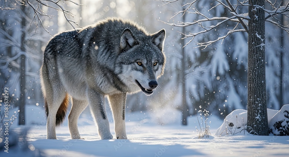 Fototapeta premium A wolf walks through a snowy forest in winter