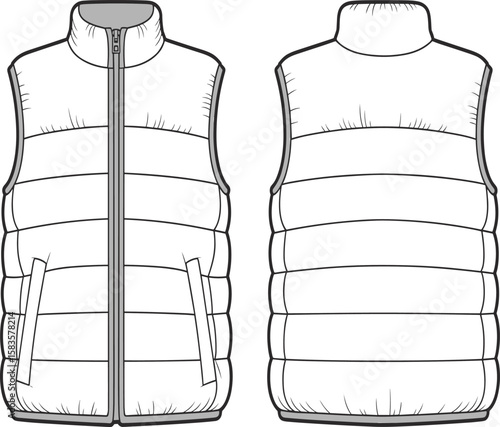 Essential CAD Drawing Flat Vector Illustration of Stylish Puffer Vest, Front and Back Views, Apparel Template for Fashion Designers