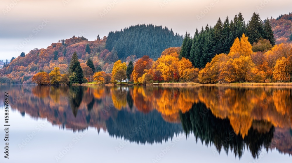 Fototapeta premium Serene Autumn Landscape with Reflections on a Calm Lake Surrounded by Vibrant Foliage