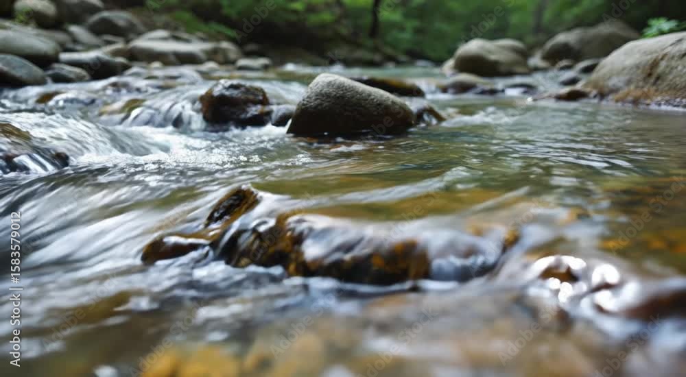 Clear River Flowing Over Rocks Through Lush Green Forest Environment Nature Scene Clear River Flowing Over Rocks Through Lush Green Forest Environment Nature Scene