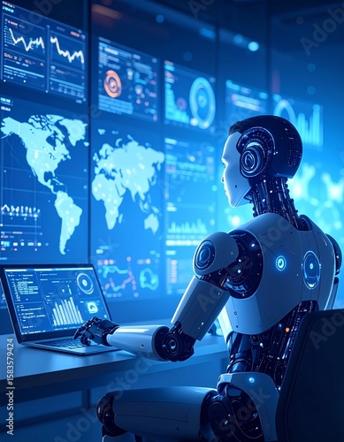 Wallpaper Mural Futuristic humanoid robot working on a laptop in a high-tech office Torontodigital.ca