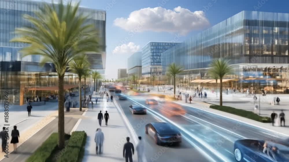 Modern urban street with people and cars in fast motion blur, seamless looping time-lapse animation video background Modern urban street with people and cars in fast motion blur, seamless looping time-lapse animation video background