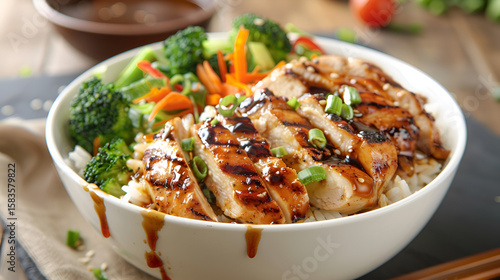 Close up of a bowl of chicken teriyaki with rice and vegetables on a dark surface with a sauce bowl .