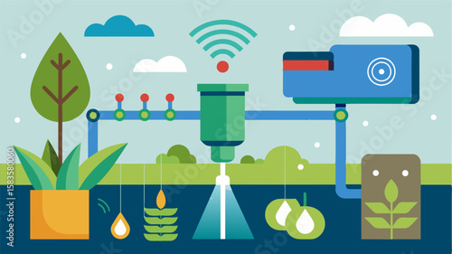 An irrigation system equipped with smart sensors can detect leaks and make necessary repairs without human intervention.. Vector illustration