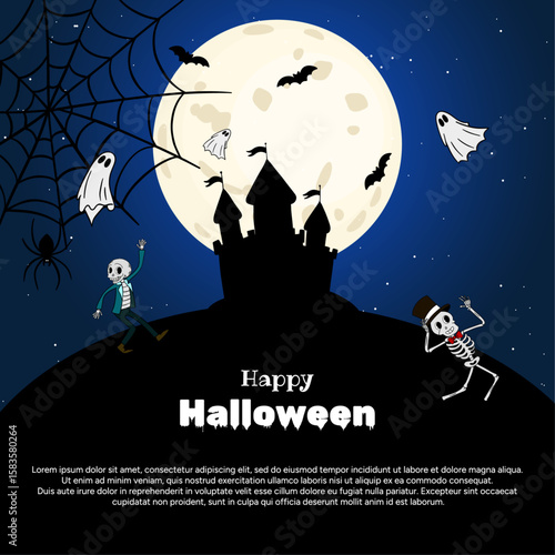 Happy halloween party poster banner with big light moon and Halloween creepy castle and dancing skeletons around