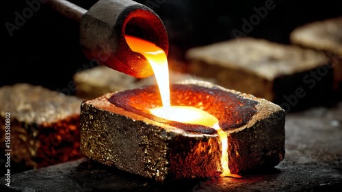 Molten metal pours into mold at a foundry during the metal casting process